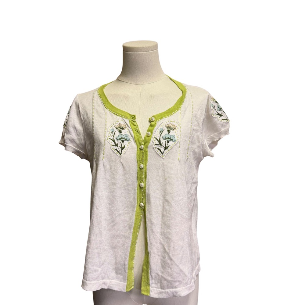 Nick & Mo Womens White Cotton Knit Cardigan Floral Embroidery Pearl Button Med